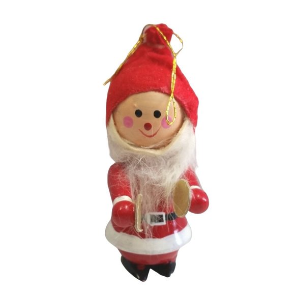 Santa Elf Holding Cymbals Vintage Wood Christmas Tree Ornament Decor 3.5" Tall - Picture 1 of 10